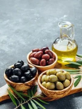 Set of different types olives and olive oil 스톡 사진