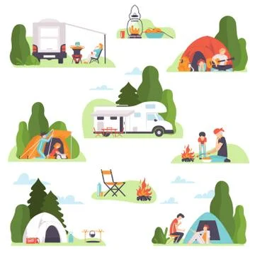 Set of different types of recreation at the campsite. Vector illustration. Stock Illustration