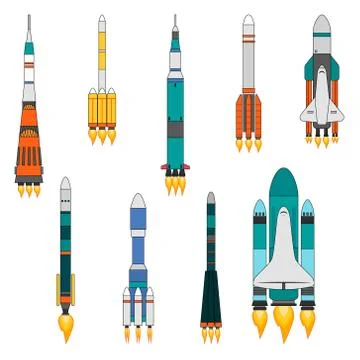 Set of different types of rocket. Technological ships. Cartoon design. Illustrazione stock