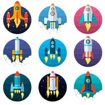 Set of different types of rocket. Technological ships. Cartoon design. Illustrazione stock