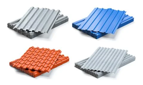 Set of different types of roof coating. Stacks of sheet metal  profiles, cera Stock Illustration