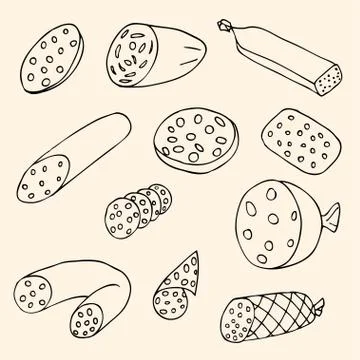 Set of different types of sausages Illustrazione stock