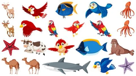 Set of different types of sea animals and birds Stock Illustration