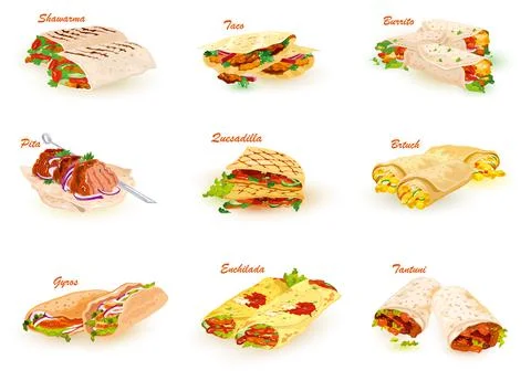 Set of different types of shaurma Stock Illustration