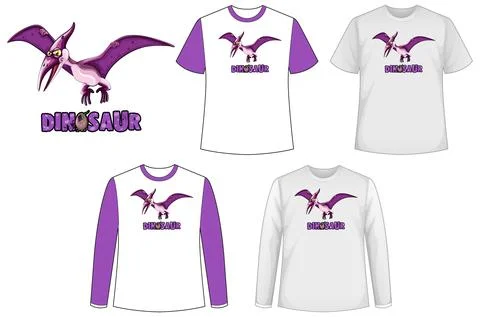 Set of different types of shirt in dinosaur theme with dinosaur logo Stock Illustration