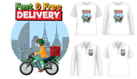 Set of different types of shirts with fast and free delivery logo screen on s Stock Illustration