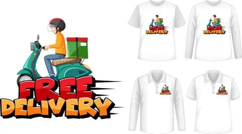 Set of different types of shirts with free delivery logo screen on shirts Stock Illustration