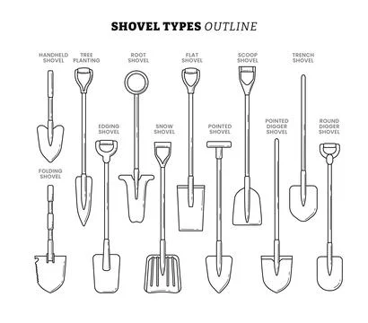 Set different types of shovel outline collection with line art style, consi.. Stock Illustration