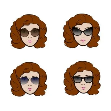 Set of different types of sunglasses presenting by cute woman Stock Illustration