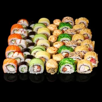 Set of different types of sushi rolls. Ready square restaurant menu banner. Stock Photos