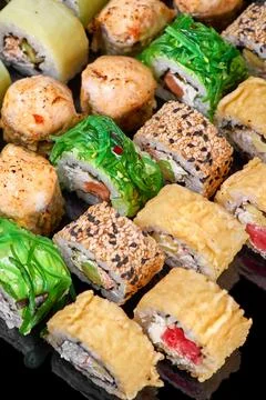 Set of different types of sushi rolls. Ready square restaurant menu banner. Stock Photos