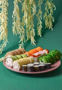 Set of different types of sushi rolls. Ready square restaurant menu. Stock Photos