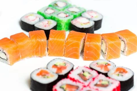 Set of different types of sushi on a white plate Fotos Stock