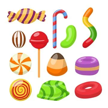 Set of different types of sweet candy collection, hard candies dragee jelly.. Stock Illustration