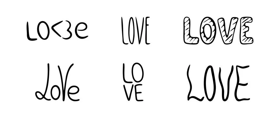 Set different Typography word Love. Font with heart, wavy curves, bold Lettering Stock Illustration