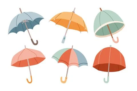 Set of different Umbrellas. Open umbrellas. Various prints. Hand drawn colored Stock Illustration