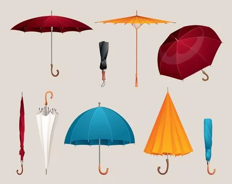 Set of different umbrellas in various positions. Parasol side view. Isolated on 스톡 일러스트