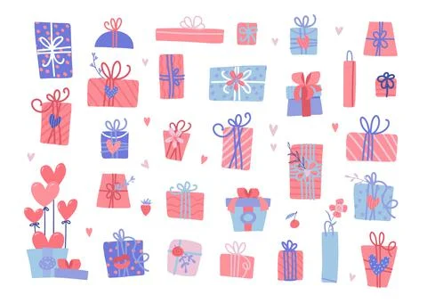 Set of different Valentine's day presents. Isolates wrapped gift boxes with Stock Illustration