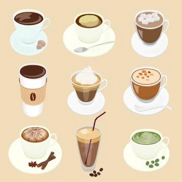 Set of different Vector Coffee cup and many kinds of coffee for cafe restaurant Stock Illustration