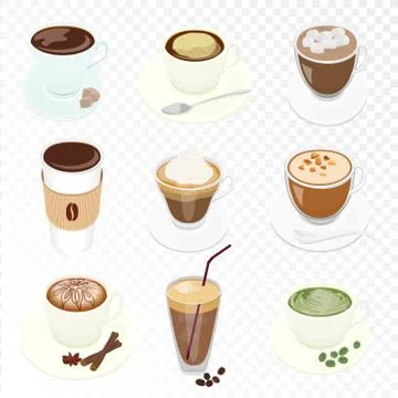 Set of different Vector Coffee cup and many kinds of coffee for cafe restaurant Stock Illustration