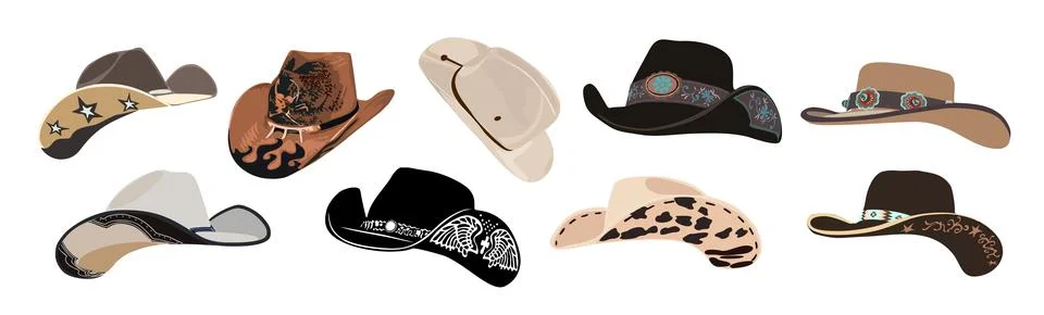 Set of different vector cowboy hats with traditional western decorations. Illustrazione stock