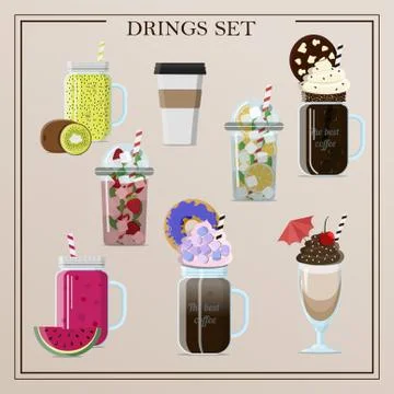 Set of different vector drinks cocktails, coffee, smoothies, tea, milkshake Stock Illustration