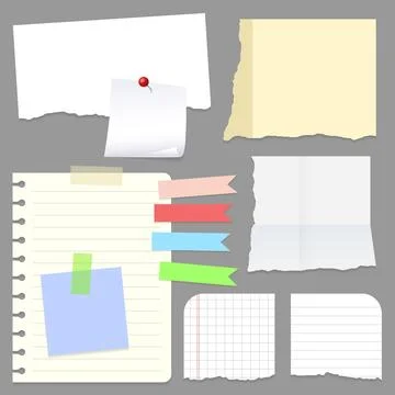 Set of different vector note papers. Vector torn paper pieces, blank squared Stock Illustration