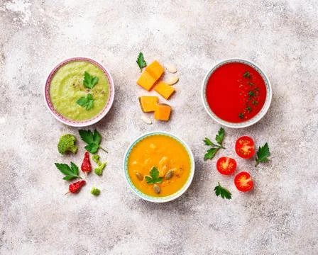 Set of different vegetable cream soups Stock Photos