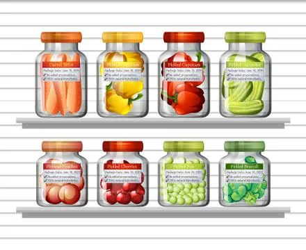 Set of different vegetables in different jars and canned foods on wall shelve Stock Illustration
