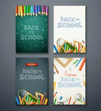 Set of different vertical banners with school supplies Illustrazione stock