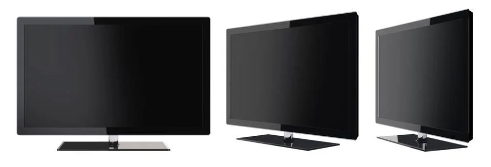 Set of Different Viewing Angles of Modern Black Monitors with Glass Stand. Re 스톡 일러스트