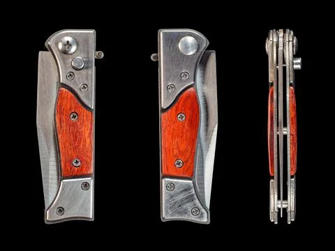 Set of different views on the folding knife isolated on black Stock Photos