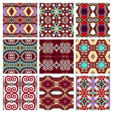 Set of different violet colour seamless vintage geometric 스톡 일러스트