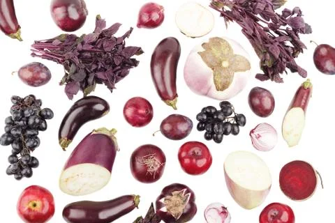 Set of different violet raw vegetables and fruits, isolated on white Stock Photos