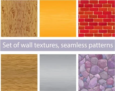 Set of different wall textures - wood, silver and  gold metal, brick, stones Illustrazione stock