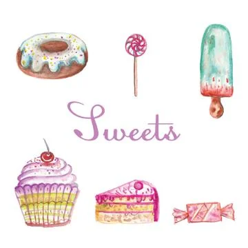 Set of different watercolor sweets Stock Illustration