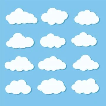 Set of different white cloud icons on blue sky for design elements, stock vec Illustrazione stock
