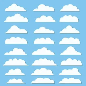 Set of different white cloud icons on blue sky for design elements, stock vec 스톡 일러스트