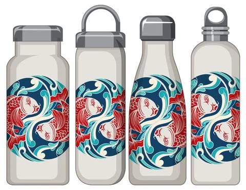 Set of different white thermos bottles koi carp pattern Stock Illustration
