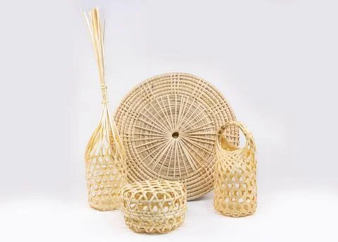 Set of different wicker baskets made of natural material on a white background.  Stock Photos