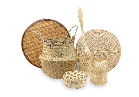 Set of different wicker baskets made of natural material on a white background.  Stock Photos