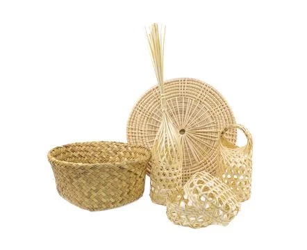 Set of different wicker baskets made of natural material on a white background.  Stock Photos