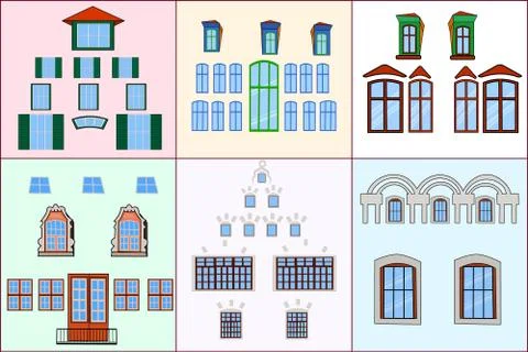 Set of different windows isolated on color background. Stock Illustration