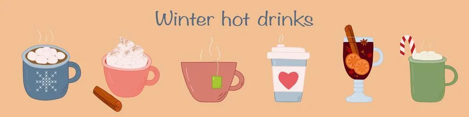 Set with different winter hot drinks, hot chocolate, coffee, tea, mulled wine Stock Illustration