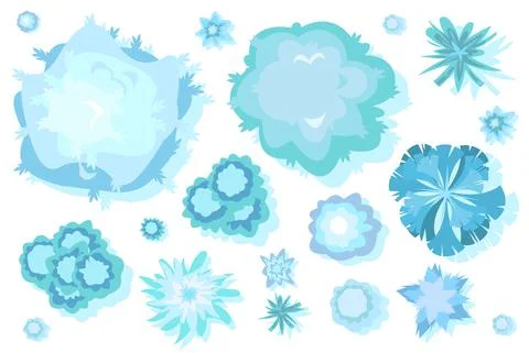 Set of different Winter trees for landscape top view. Snowy frosty nature in  Stock Illustration