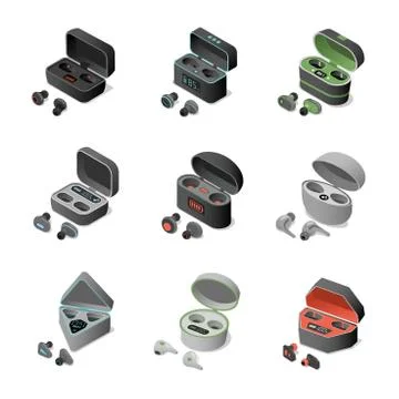 Set of different wireless headphones in rechargeable Bluetooth cases. Earbuds Stock Illustration