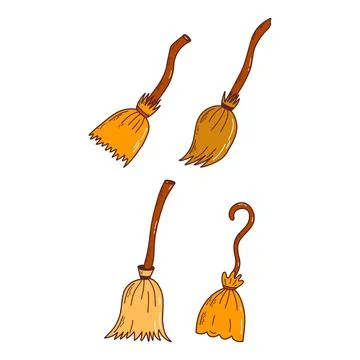Set of different witch brooms. Halloween elements. Trick or treat concept. Ve イラスト素材