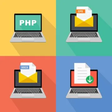 Set with different work processes on the laptop Stock Illustration