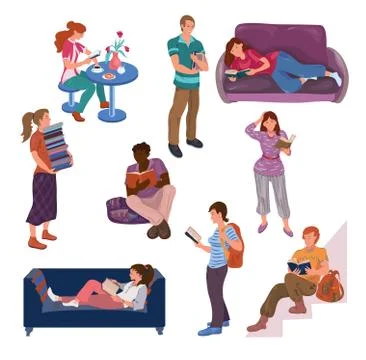 Set of different young, cute students people in activity Stock Illustration