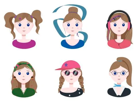 A set of different young girls. Flat illustration with girls with different Stock Illustration